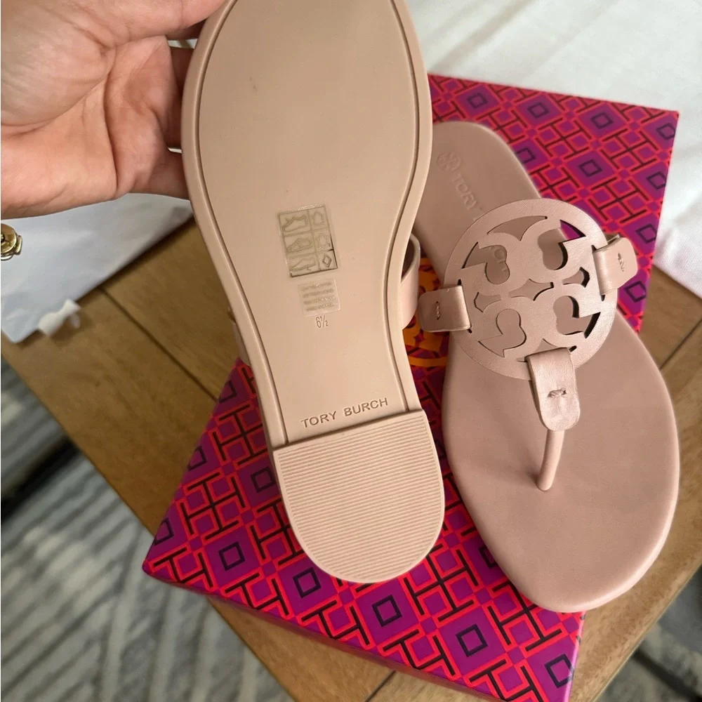 New Tory Burch miller soft calf leather sandals in light sand / makeup colo
